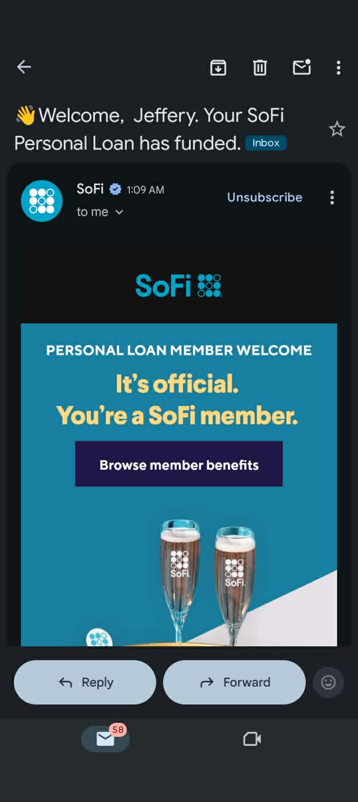 SoFi personal loan funded email